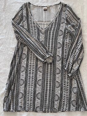 ROXY April Morning Boho Printed Dress Sz S Long Slv Open Crochet Accents NWOT